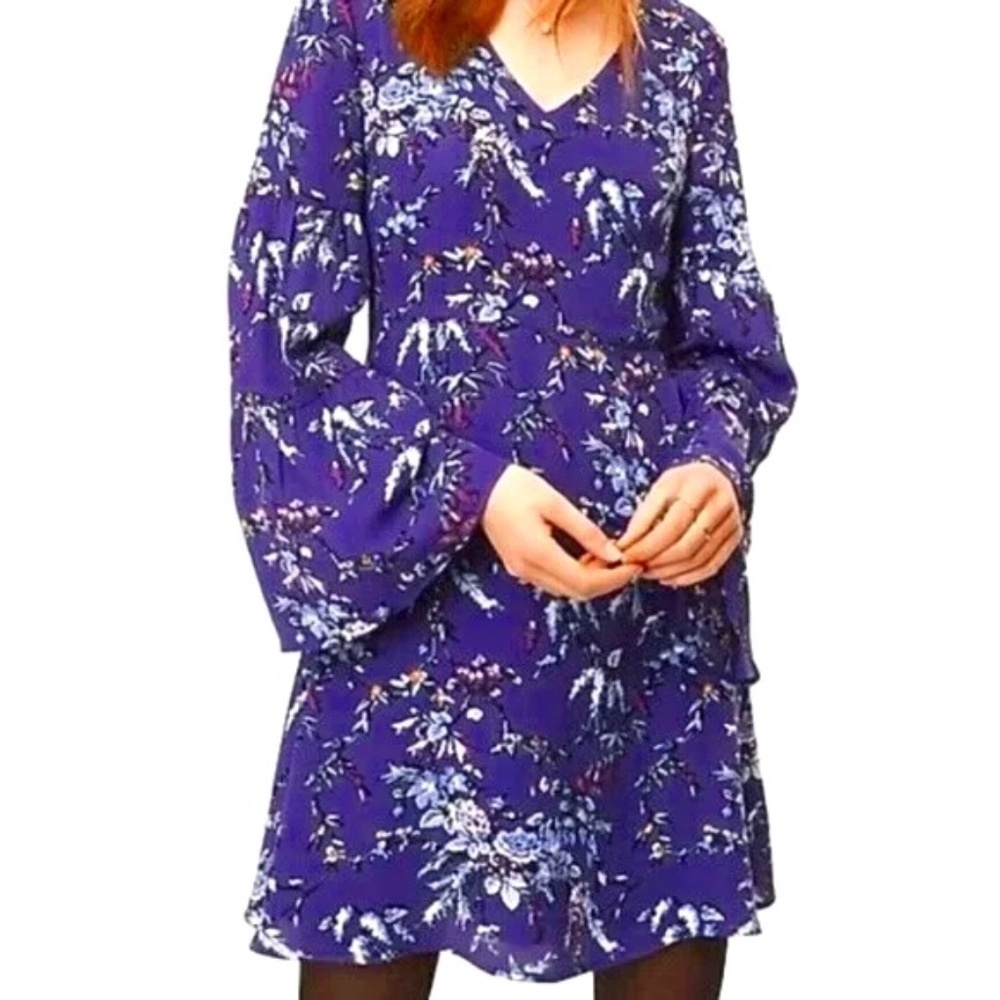 Ann Taylor Loft Women's Frosted Branch Bell Sleeve Dress Purple Floral Size 0